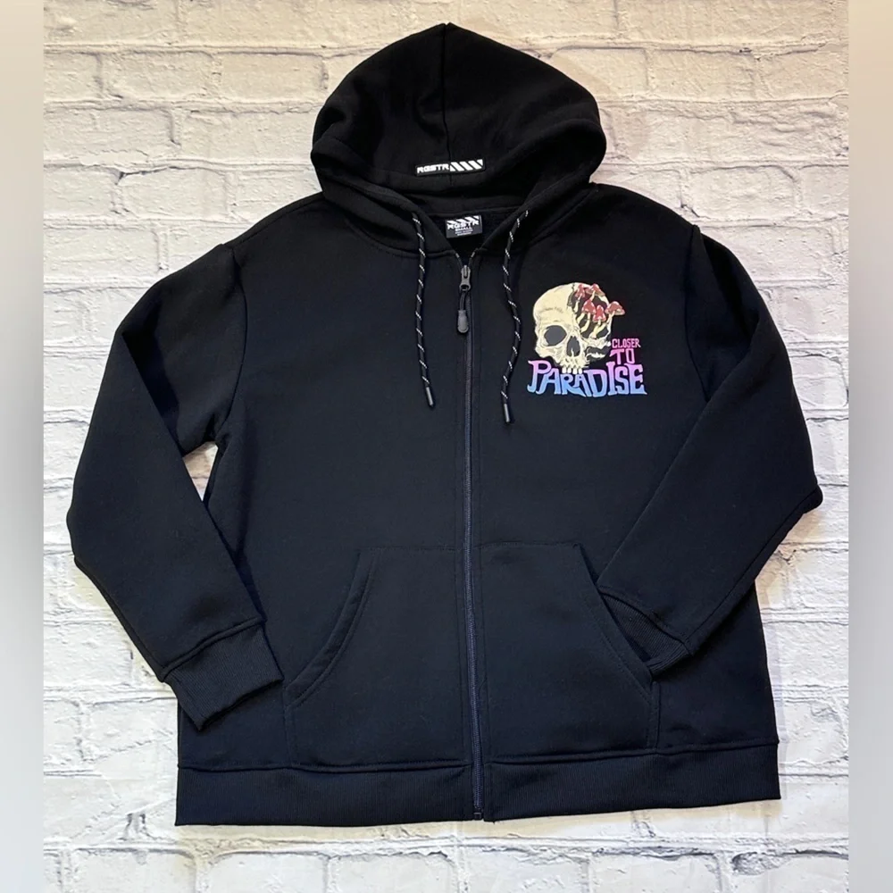 NWOT RGSTR Closer To Paradise Full Zip Hoodie Jacket in Black